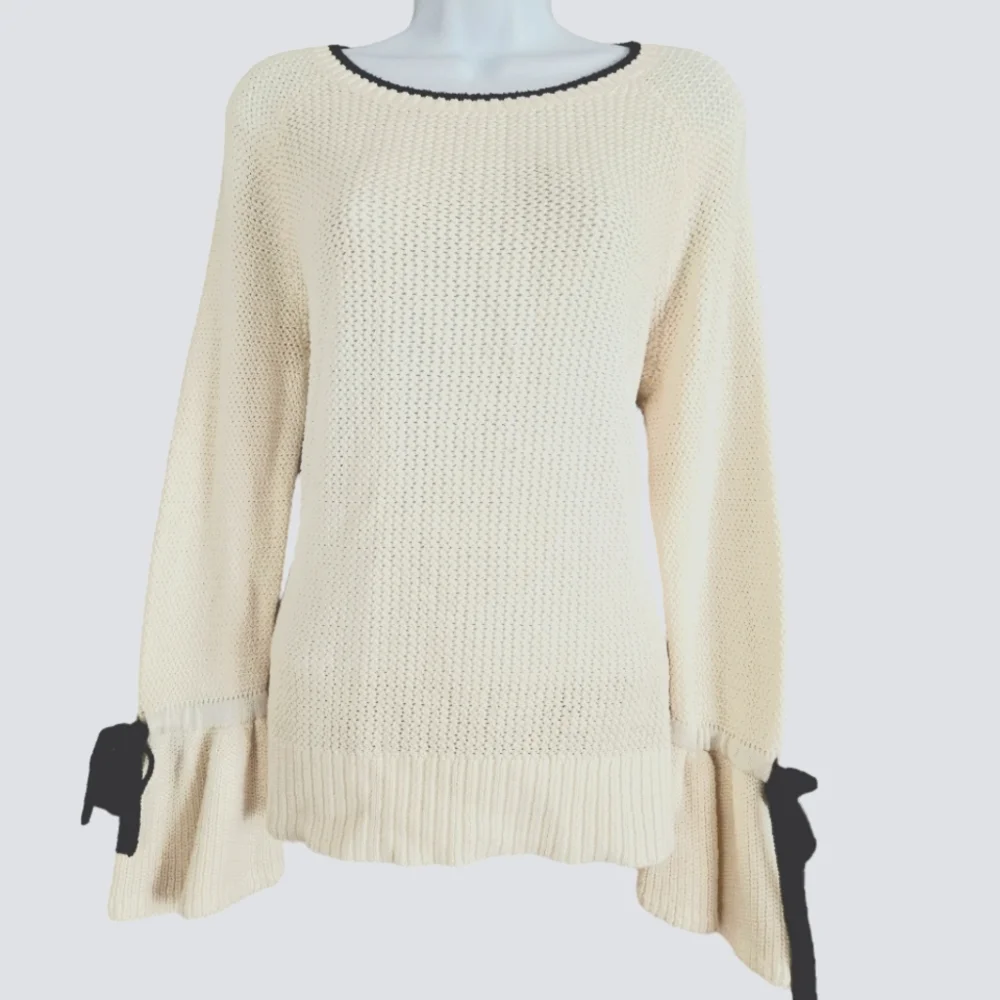 NWOT LOFT white open knit bell sleeve ribbon sweater Womens Medium - Picture 1 of 7
